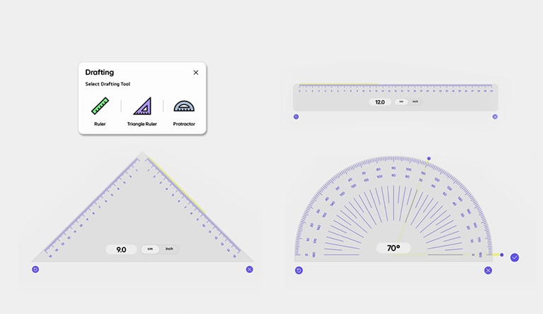 عرض للمسطرة الرقمية والمسطرة المثلثية من LG CreateBoard Lab قيد الاستخدام.