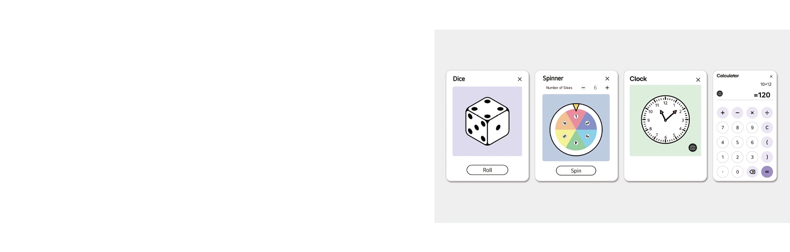 صورة تعرض أدوات النرد والعجلة الدوارة، والساعة، والآلة الحاسبة.