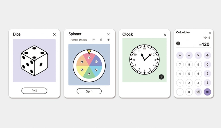 صورة تعرض أدوات النرد والعجلة الدوارة، والساعة، والآلة الحاسبة.