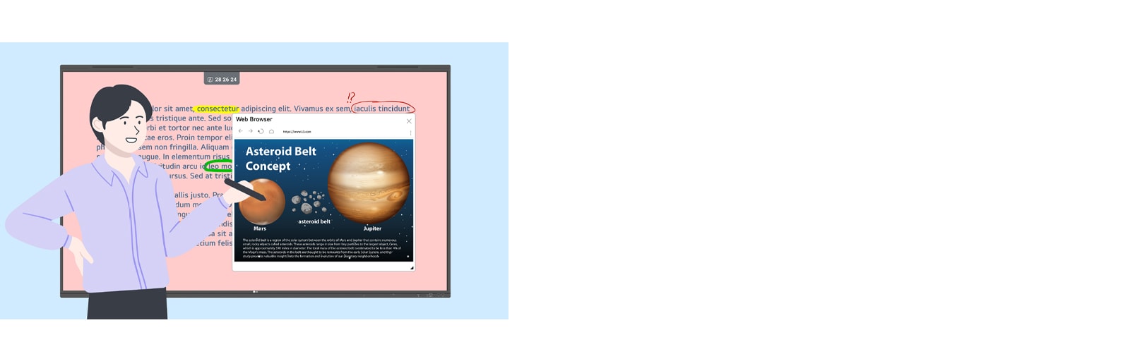 رسم توضيحي لمستخدم يستخدم ميزة مستعرض الويب للبحث عن معلومات إضافية أثناء عرض المحتوى الحالي.