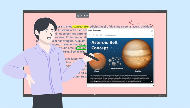 رسم توضيحي لمستخدم يستخدم ميزة مستعرض الويب للبحث عن معلومات إضافية أثناء عرض المحتوى الحالي.