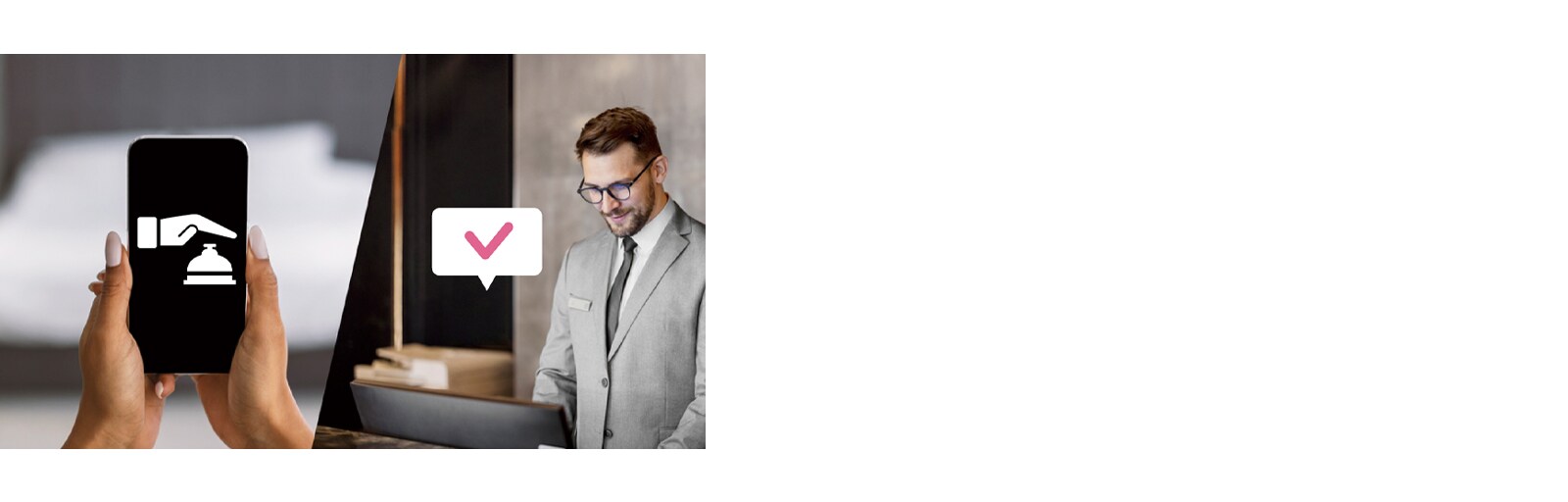 على اليسار، يتم عرض مشهد يصور عميلاً يطلب خدمة الغرف عبر الهاتف، بينما على اليمين، يتم تصوير مسؤول الفندق وهو يتحقق من طلبات العملاء في الوقت الفعلي باستخدام جهاز كمبيوتر.