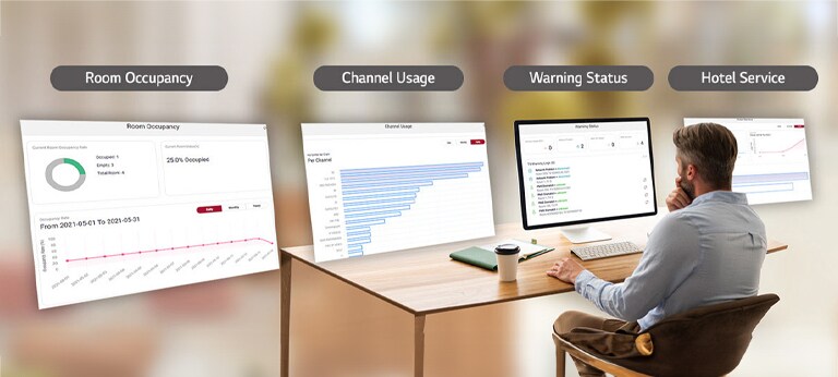 رجل يراجع لوحات معلومات مختلفة من خلال عارض البيانات.