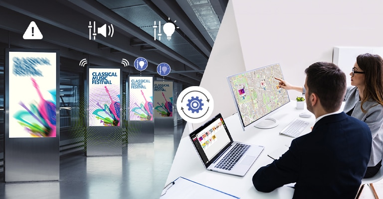 توضح هذه الصورة تغيير إعدادات اللافتات المثبتة. توضح الصورة اليسرى إمكانية اكتشاف أخطاء الشاشة وضبط مستوى الصوت والتحكم في السطوع. توضّح الصورة اليمنى كيف يمكن للمسؤولين إدارة اللافتات عن بُعد دون الحاجة إلى زيارات في الموقع عند ظهور مشكلات.