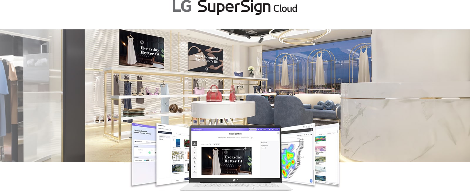 تُظهر هذه الصورة متجر ملابس تجزئة مع خمس نوافذ متصفح من LG SuperSign Cloud معروضة في الأسفل. تعرض النافذة المركزية عملية إنشاء المحتوى وكيفية تطبيق المحتوى الذي تم إنشاؤه على الشاشات داخل المتجر.