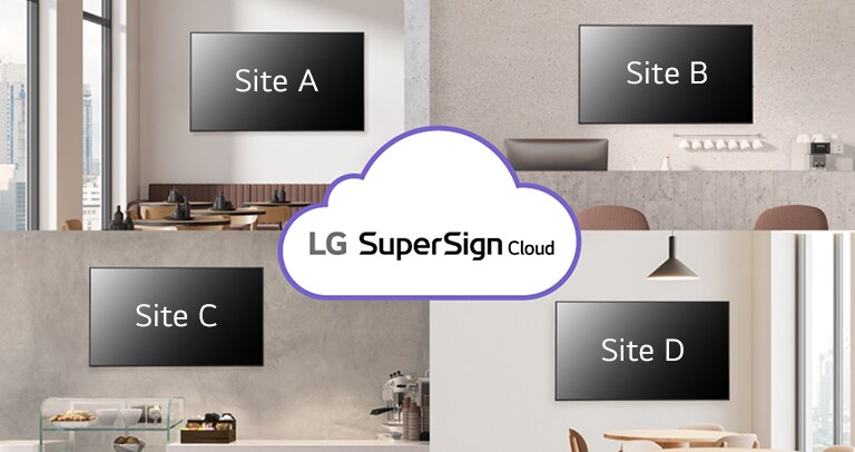 تعرض هذه الصورة ميزة LG SuperSign Cloud التي تمكن المستخدمين من إدارة الشاشات بسهولة واتساق عبر مواقع متعددة.
