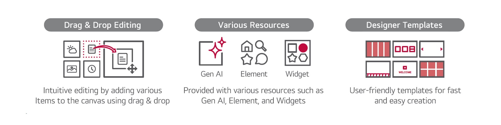 "التحرير بالسحب والإفلات تحرير سهل عن طريق إضافة عناصر مختلفة إلى اللوحة باستخدام السحب والإفلات موارد متنوعة مزودة بموارد مختلفة مثل الذكاء الاصطناعي التوليدي (Gen AI) والعناصر (Element) وعناصر واجهة المستخدم (Widgets) قوالب المصمم قوالب سهلة الاستخدام لإنشاء سريع وسهل"