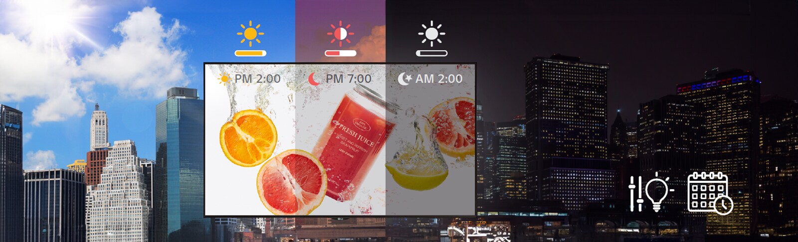 بمرور الوقت، يتكيف سطوع اللافتات مع التغييرات في الإضاءة الخارجية. يتمتع المستخدمون بخيار ضبطه لزيادة السطوع في ضوء الشمس القوي وانخفاض السطوع في الظروف المظلمة.