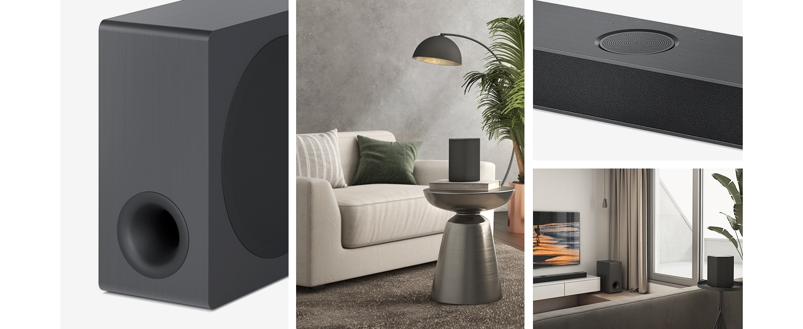 فن تصويري. ناحية اليسار، تظهر صورة لمضخم صوت، والسماعة الخلفية موضوعة على طاولة القهوة في غرفة المعيشة. أما ناحية اليمين من الأعلى للأسفل: تظهر لقطة مقربة للقناة الوسطى التي تطلق الصوت للأعلى. توجد مجموعة مكبر الصوت من LG وتلفزيون LG في غرفة المعيشة. تعرض شاشة التلفزيون الشاطئ لحظة الغروب.