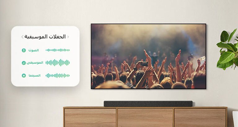 تلفزيون معلق على الجدار. تلفزيون يعرض مشهدا لأناس يصفقون في إحدى الحفلات الموسيقية، ثم تنتقل القناة لعرض مشهد سينمائي يوضح سيارة تسير في الغابة، وتتحول القناة مرة أخرى إلى "الأخبار" ليتحدث أحد المذيعين. صورة يظهر بها مكبر صوت أسفل تلفزيون إل جي موضوعان مباشرةً على رف بلون بيج.