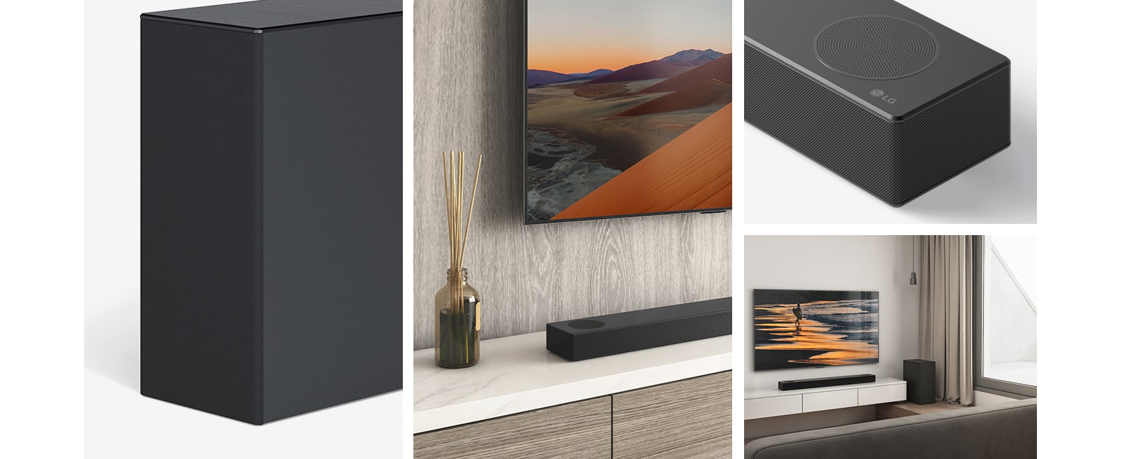 من ناحية اليسار، توجد صورة للسماعة الخلفية ولقطة مقربة لتلفزيون LG تعرض صورة لجبل على الشاشة، وفي الأسفل مكبر الصوت من LG. أما ناحية اليمين، توجد لقطة مقربة لمكبر صوت LG من الأعلى للأسفل. صورة من غرفة المعيشة يظهر فيها تلفزيون LG معروض عليه منظر لشاطئ في وقت الغروب، ومكبر صوت من LG.