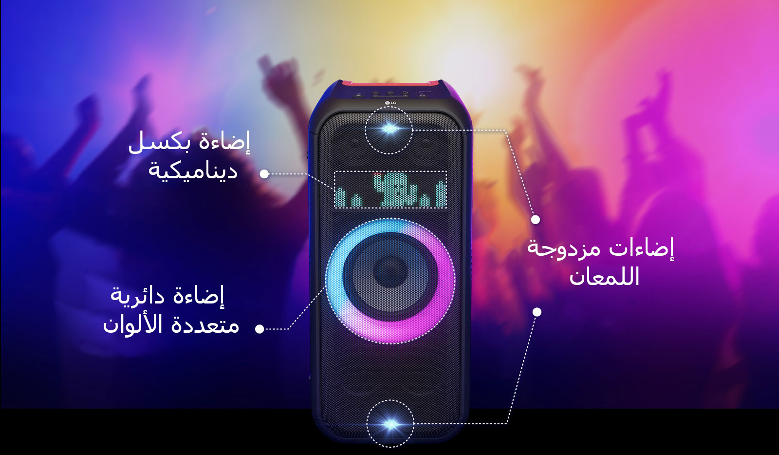 المنظر الأمامي للسماعة. يوجد خط يغذي كل جزء من الإضاءة. إضاءة مزدوجة اللمعان في الأعلى والأسفل. في المنتصف، يتم تشغيل إضاءة دائرية متعددة الألوان متدرجة بلون وردي وسماوي. توجد بالأعلى إضاءة بكسل ديناميكية، وتظهر شخصية صبار.