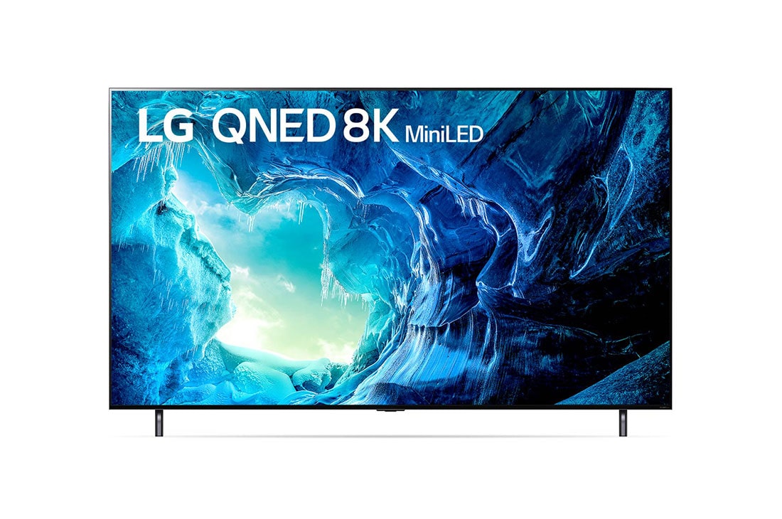 LG  تلفزيون LG QNED بحجم 75 بوصة من سلسلة QNED95، بتصميم شاشة سينمائية، بدقة ووضوح 8K بتقنية Cinema HDR، يعمل بنظام التشغيل webOS22 مع تقنية الذكاء الاصطناعي ThinQ وتقنية Mini LED, مظهر أمامي لتلفزيون QNED من إل جي مع صورة ملء الفراغات وشعار المنتج, 75QNED956QA