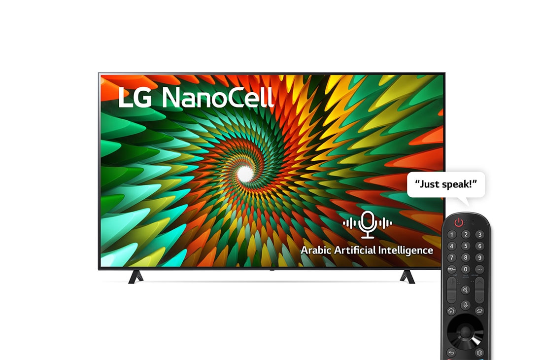 LG تلفاز NANO77 الذكي بتقنية خلايا النانو من LG بقياس 75 بوصة ودقة 4K مع تقنية HDR وWebOS وجهاز التحكم عن بعد السحري, منظر أمامي لتلفاز LG بتقنية خلايا النانو, 75NANO776RA