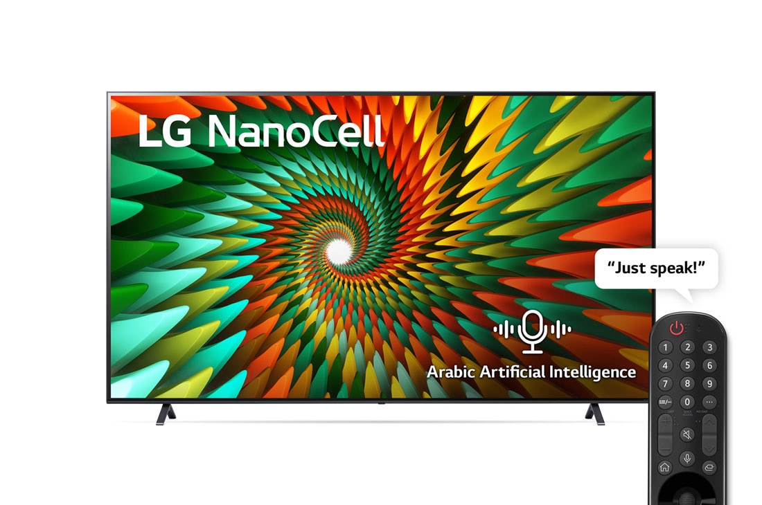 LG تلفاز NANO77 الذكي بتقنية خلايا النانو من LG بقياس 86 بوصة ودقة 4K مع تقنية HDR وWebOS وجهاز التحكم عن بعد السحري, منظر أمامي لتلفاز LG بتقنية خلايا النانو, 86NANO776RA