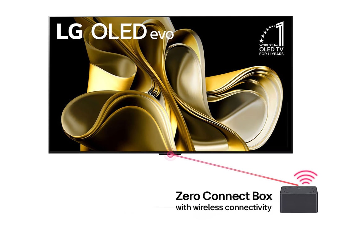 LG تلفزيون LG OLED evo AI M3 الذكي الأول من نوعه على مستوى العالم بخاصية True Wireless TV مقاس 77 بوصة مع إمكانية نقل الصوت والفيديو لاسلكيًا بدقة 4K 120Hz , منظر أمامي لتلفزيون LG OLED evo وشعار "تلفزيون OLED رقم 1 في العالم طوال 10 أعوام" وشعار ضمان لمدة 5 أعوام على الشاشة, OLED77M36LA
