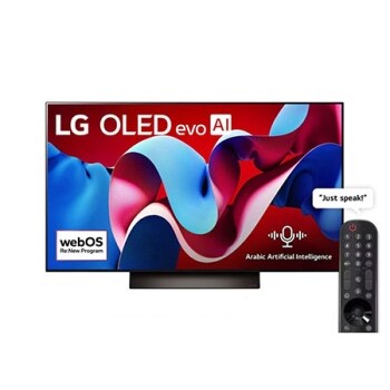 صورة أمامية لتلفزيون LG OLED TV وOLED C4 وشعار OLED Emblem رقم 1 على مستوى العالم لمدة 11 عامًا وشعار نظام التشغيل webOS Re:New Program على الشاشة1