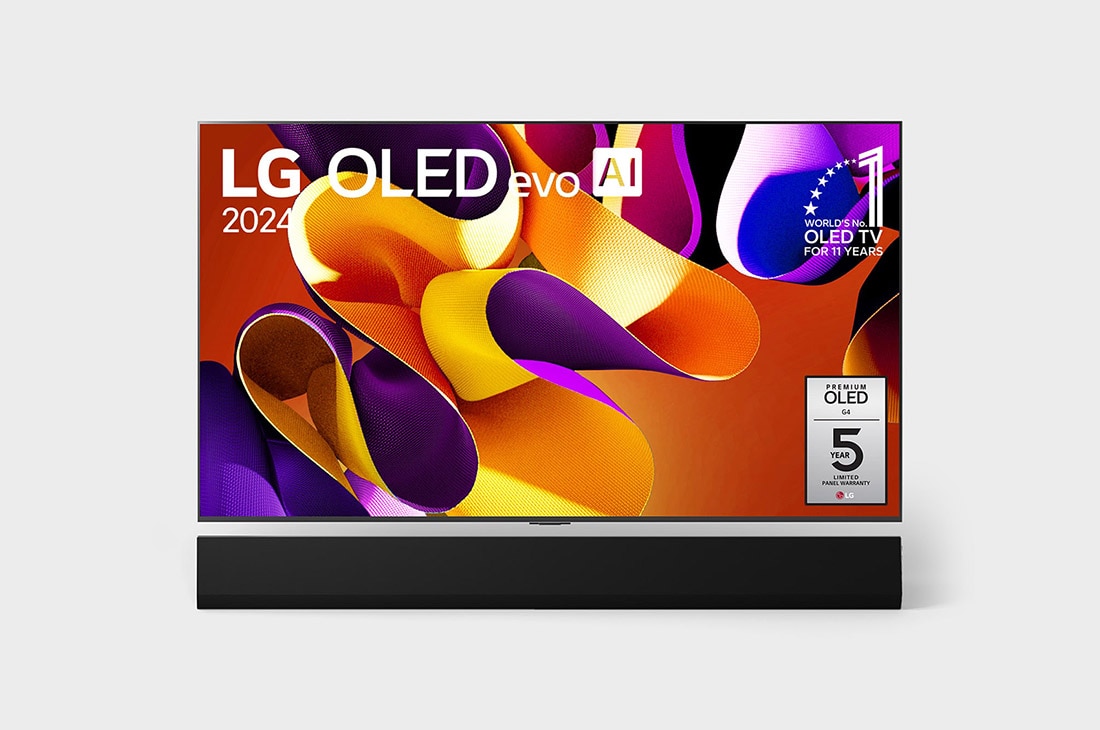 LG تلفزيون LG OLED evo G4 4K الذكي مقاس 65 بوصة المدعوم بجهاز التحكم AI Magic remote وتكنولوجيا الصوت Dolby Vision وواجهة webOS24 طراز عام 2024, صورة أمامية لتلفزيون LG OLED evo TV وOLED G4 وتلفزيون OLED Emblem رقم 1 على مستوى العالم لمدة 11 عامًا وشعار الضمان الذي لمدة 5 سنوات على الشاشة، بالإضافة إلى مكبر الصوت Soundbar بالأسفل, OLED65G46LA, thumbnail 2