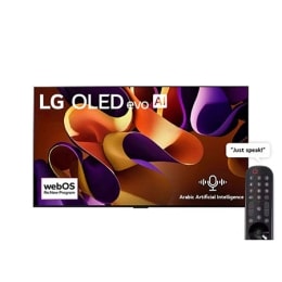 صورة أمامية لتلفزيون LG OLED evo TV وOLED G4 وتلفزيون OLED Emblem رقم 1 على مستوى العالم لمدة 11 عامًا وشعار الضمان الذي لمدة 5 سنوات على الشاشة، بالإضافة إلى مكبر الصوت Soundbar بالأسفل2