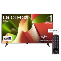 صورة أمامية لتلفزيون LG OLED TV وOLED B4 وتلفزيون OLED Emblem رقم 1 على مستوى العالم لمدة 11 عامًا وشعار نظام التشغيل webOS Re:New Program على الشاشة المُثبّتة على حامل ثنائي القاعدة2