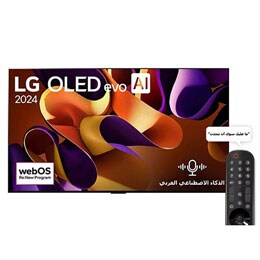 صورة أمامية لتلفزيون LG OLED evo TV وOLED G4 وتلفزيون OLED Emblem رقم 1 على مستوى العالم لمدة 11 عامًا وشعار الضمان الذي لمدة 5 سنوات على الشاشة، بالإضافة إلى مكبر الصوت Soundbar بالأسفل2