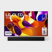 LG تلفزيون LG OLED evo G4 4K الذكي مقاس 77 بوصة المدعوم بجهاز التحكم AI Magic remote وتكنولوجيا الصوت Dolby Vision وواجهة webOS24 طراز عام 2024, صورة أمامية لتلفزيون LG OLED evo TV وOLED G4 وتلفزيون OLED Emblem رقم 1 على مستوى العالم لمدة 11 عامًا وشعار الضمان الذي لمدة 5 سنوات على الشاشة، بالإضافة إلى مكبر الصوت Soundbar بالأسفل, OLED77G46LA, thumbnail 2