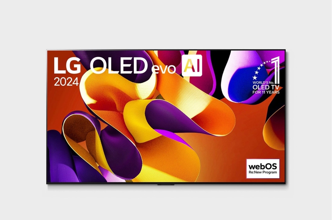 LG تلفزيون LG OLED evo G4 4K الذكي مقاس 83 بوصة المدعوم بجهاز التحكم AI Magic remote وتكنولوجيا الصوت Dolby Vision وواجهة webOS24 طراز عام 2024, صورة أمامية لتلفزيون LG OLED evo AI TV، طراز OLED G4. يظهر على الشاشة شعار OLED رقم 1 في العالم منذ 11 عامًا وشعار webOS Re:New Program وشعار الضمان لمدة خمس سنوات, OLED83G46LA, thumbnail 2