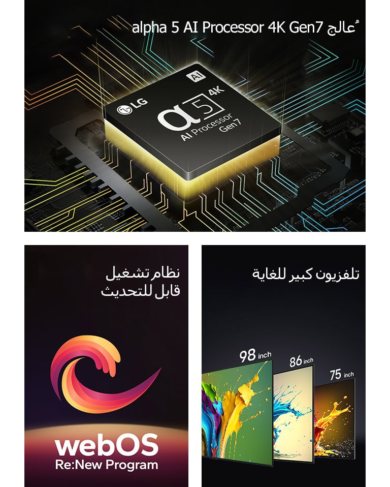 يظهر معالج alpha 5 AI Processor 4K Gen7 مع ضوء أصفر ينبعث من الأسفل. يظهر شكل حلزوني باللون الأحمر والأصفر والبنفسجي بين العبارتين "webOS القابل للترقية" و"webOS Re:New Program". يتم عرض تلفزيونات LG QNED89، وQNED90، وQNED99 بالترتيب من اليسار إلى اليمين. يعرض كل تلفزيون نثرة من الألوان وتظهر عبارة "تلفزيون كبير للغاية" فوق أجهزة التلفزيون.