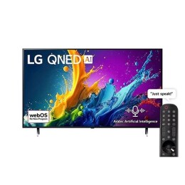 Front view of LG QNED TV, QNED80 with text of LG QNED, 2024, and webOS Re:New Program logo on screen2