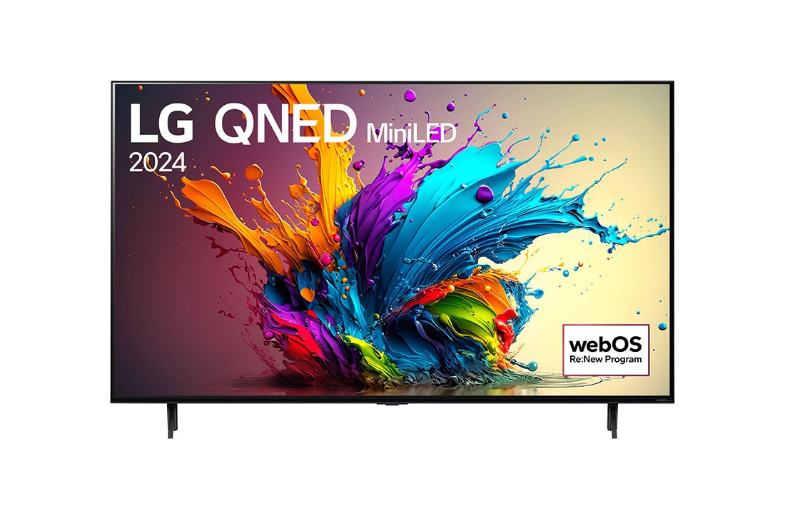 LG تلفزيون LG MiniLED الذكي سلسلة QNED90 مقاس 65 بوصة, صورة أمامية لتلفزيون LG QNED TV، وQNED90 وعلى شاشته يظهر النص LG QNED MiniLED، لعام 2024، وشعار webOS Re:New Program, 65QNED90T6A