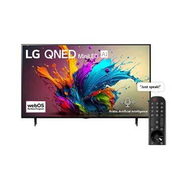 صورة أمامية لتلفزيون LG QNED TV، وQNED90 وعلى شاشته يظهر النص LG QNED MiniLED، لعام 2024، وشعار webOS Re:New Program1
