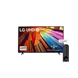 صورة أمامية لتلفزيون LG UHD TV، طراز UT80 وعلى شاشته يظهر النص LG UHD AI ThinQ، لعام 2024، وشعار webOS Re:New Program2