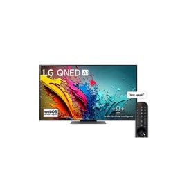 صورة أمامية لتلفزيون LG QNED TV، وQNED85 وعلى شاشته يظهر النص LG QNED، لعام 2024، وشعار webOS Re:New Program2