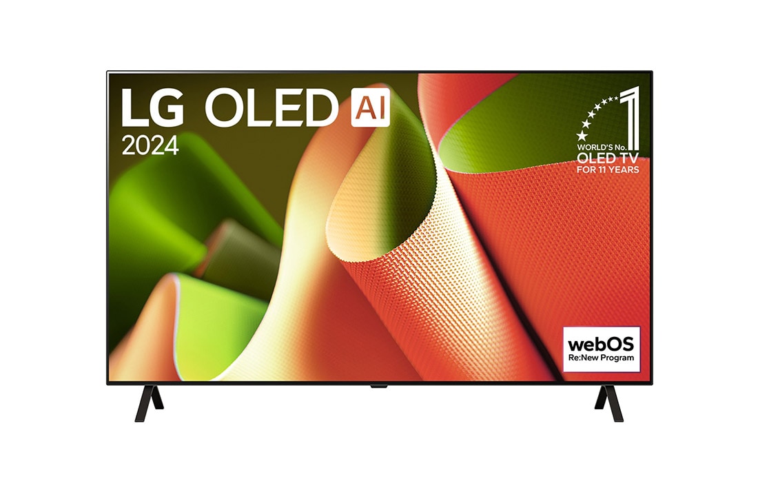 LG تلفزيون LG OLED B4 4K الذكي مقاس 65 بوصة المدعوم بجهاز التحكم AI Magic remote وتكنولوجيا الصوت Dolby Vision وواجهة webOS24 طراز عام 2024, صورة أمامية لتلفزيون LG OLED TV وOLED B4 وتلفزيون OLED Emblem رقم 1 على مستوى العالم لمدة 11 عامًا وشعار نظام التشغيل webOS Re:New Program على الشاشة المُثبّتة على حامل ثنائي القاعدة, OLED65B46LA, thumbnail 2