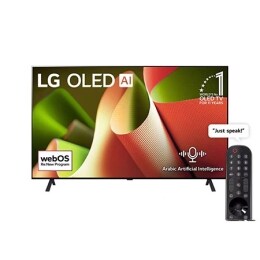 صورة أمامية لتلفزيون LG OLED TV وOLED B4 وتلفزيون OLED Emblem رقم 1 على مستوى العالم لمدة 11 عامًا وشعار نظام التشغيل webOS Re:New Program على الشاشة المُثبّتة على حامل ثنائي القاعدة2