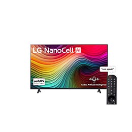 صورة أمامية لتلفزيون LG NanoCell TV، وNANO80 وعلى شاشته يظهر النص LG NanoCell، لعام2024، وشعار webOS Re:New Program2