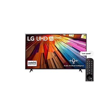 صورة أمامية لتلفزيون LG UHD TV، طراز UT80 وعلى شاشته يظهر النص LG UHD AI ThinQ، لعام 2024، وشعار webOS Re:New Program1