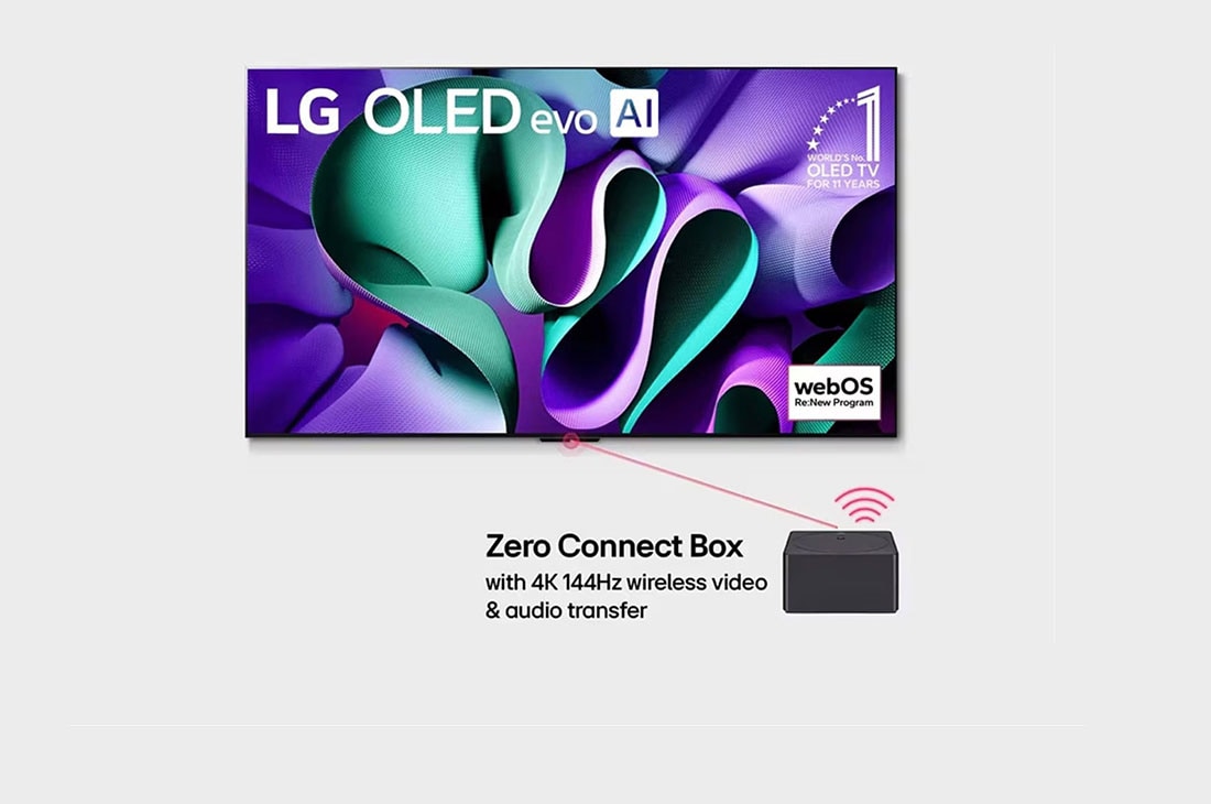 LG تلفزيون LG OLED evo AI M4 الذكي الأول من نوعه على مستوى العالم بخاصية True Wireless TV مقاس 77 بوصة مع إمكانية نقل الصوت والفيديو لاسلكيًا بدقة 4K 144Hz, صورة أمامية لتلفزيون LG OLED evo TV، وOLED M4، وشعار OLED رقم 1 في العالم منذ 11 عامًا، وشعار برنامج webOS Re:New Program، ويظهر شعار ضمان على اللوحة لمدة 5 سنوات على الشاشة، وصندوق Zero Connect Box م, OLED77M46LA