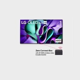 صورة أمامية لتلفزيون LG OLED evo TV، وOLED M4، وشعار OLED رقم 1 في العالم منذ 11 عامًا، وشعار برنامج webOS Re:New Program، ويظهر شعار ضمان على اللوحة لمدة 5 سنوات على الشاشة، وصندوق Zero Connect Box م2