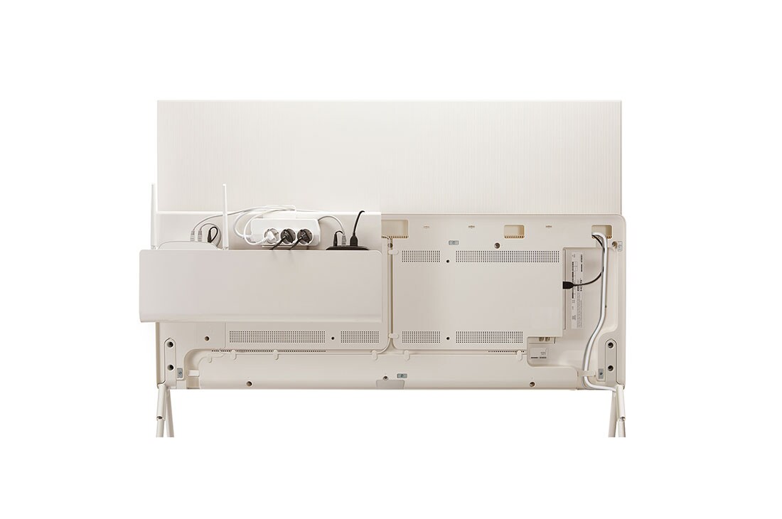 LG تلفزيون OLED Pose الذكي مقاس 55 بوصة 4K بتصميم فني قابل للثني وحافة مستديرة, شكل تلفزيون Posé من الخلف بدون غطاء Clean Cover، حيث تظهر لوحة إدارة كابلات التلفزيون. منظِّم الكابلات والملحقات على رف الوسائط مثبَّت به جهاز توجيه ومشترك كهربائي متعدد المقابس وجهاز فكّ ترميز المحتو, 55LX1T6LA, thumbnail 10