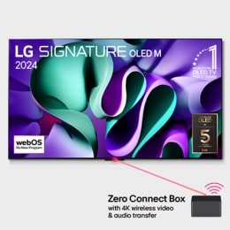 صورة أمامية لشاشة LG OLED M4 مثبتة على حامل وأسفلها صندوق Zero Connect Box، يظهر على الشاشة شعار OLED رقم 1 في العالم منذ 11 عامًا وشعار webOS Re:New Program وشعار الضمان لمدة خمس سنوات2