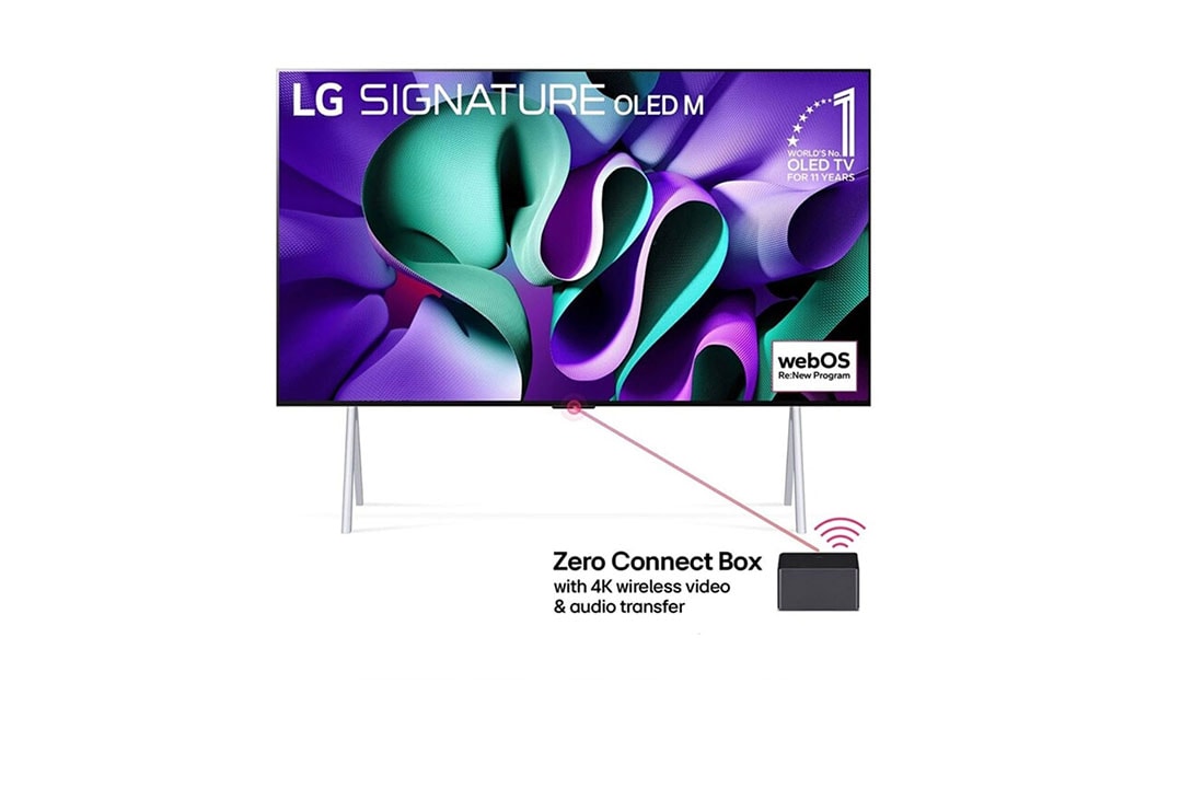 LG تلفزيون LG SIGNATURE OLED M4 بخاصة True Wireless الذكي مقاس 97 بوصة مع إمكانية نقل الصوت والفيديو لاسلكيًا بدقة 4K 120Hz , صورة أمامية لشاشة LG OLED M4 مثبتة على حامل وأسفلها صندوق Zero Connect Box، يظهر على الشاشة شعار OLED رقم 1 في العالم منذ 11 عامًا وشعار webOS Re:New Program وشعار الضمان لمدة خمس سنوات, OLED97M46LA