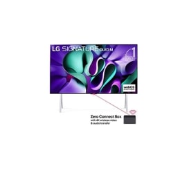 صورة أمامية لشاشة LG OLED M4 مثبتة على حامل وأسفلها صندوق Zero Connect Box، يظهر على الشاشة شعار OLED رقم 1 في العالم منذ 11 عامًا وشعار webOS Re:New Program وشعار الضمان لمدة خمس سنوات2