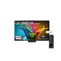 Front view of LG QNED TV, QNED99 with text of LG QNED 8K MiniLED, 2024, and webOS Re:New Program logo on screen2