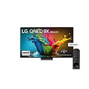 LG تلفزيون LG QNED MiniLED QNED99 8K Smart TV AI مقاس 86 بوصة المدعوم بجهاز التحكم AI Magic remote وميزة HDR10 وواجهة webOS24 طراز عام 2024, صورة أمامية لتلفزيون LG QNED TV، وQNED99 وعلى شاشته يظهر النص LG QNED 8K MiniLED، لعام 2025، وشعار webOS Re:New Program, 86QNED99T6B, thumbnail 1