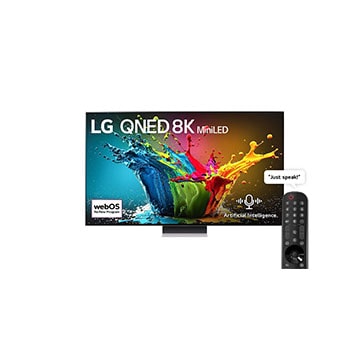Front view of LG QNED TV, QNED99 with text of LG QNED 8K MiniLED, 2024, and webOS Re:New Program logo on screen1