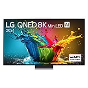 LG تلفزيون LG QNED MiniLED QNED99 8K الذكي مقاس 75 بوصة مع نظام webOS، 2024, صورة أمامية لتلفزيون LG QNED TV، وQNED99 وعلى شاشته يظهر النص LG QNED 8K MiniLED، لعام 2025، وشعار webOS Re:New Program, 75QNED99T6B, thumbnail 2