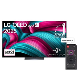 صورة أمامية لتلفزيون LG OLED evo AI C5 4K Smart TV. يظهر شعار OLED رقم 1 على مستوى العالم لمدة 12 عامًا وشعار LG OLED evo AI 2025 على الشاشة.2