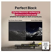 LG تلفزيون LG OLED evo AI C5 مقاس 83 بوصة بدقة 4K 144Hz ومدعوم بجهاز التحكم AI Magic remote وواجهة webOS25 طراز عام 2025 , غرفة معيشة بها تلفزيون LG OLED TV مثبت على الحائط. تظهر على شاشة التلفزيون سلسلة جبال من ورائها سماء مسائية مظلمة مليئة بالنجوم. ينقسم هذا المشهد إلى نصفين لإظهار كيف توفر ميزة Perfect Black مستويات ع, OLED83C56LA, thumbnail 7