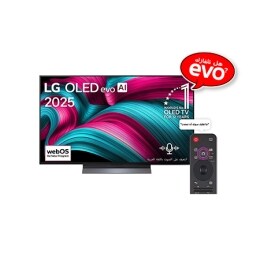 صورة أمامية لتلفزيون LG OLED evo AI C5 4K Smart TV. يظهر شعار OLED رقم 1 على مستوى العالم لمدة 12 عامًا وشعار LG OLED evo AI 2025 على الشاشة.2